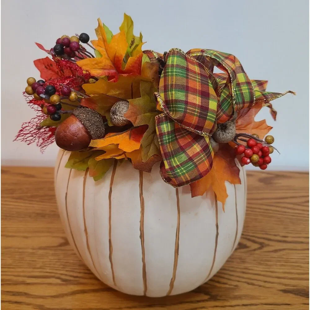 Handcrafted Floral Pumpkin Arrangement Centerpiece Autumn Harvest Thanksgiving